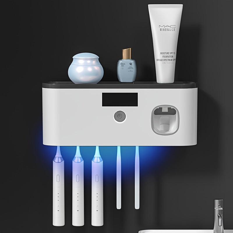 Smart Toothbrush Sanitizer with Automatic Toothpaste Dispenser – Wall-Mounted, 5-Slot Storage, Durable Plastic, USB Rechargeable Battery, Modern Bathroom Organizer for Electric Toothbrushes and Accessories, Toothbrush Holde